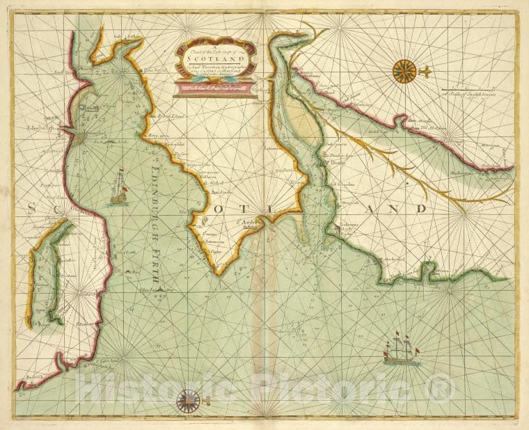 Historic 1702 Map - A Chart Of The East Coast Of Scotland. - Vintage Wall Art