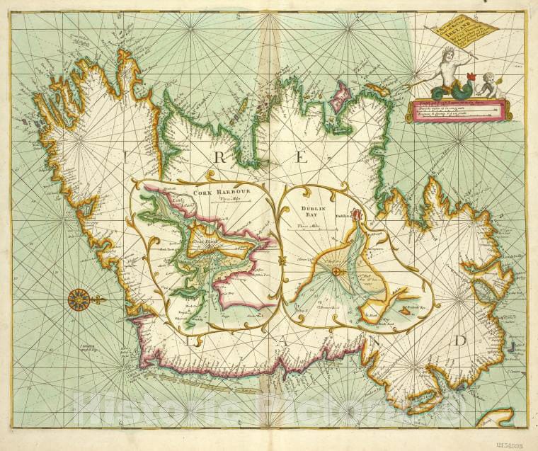 Historic Map - 1702 Ireland, A New And Correct Chart Of The Coast Of Ireland - Vintage Wall Art