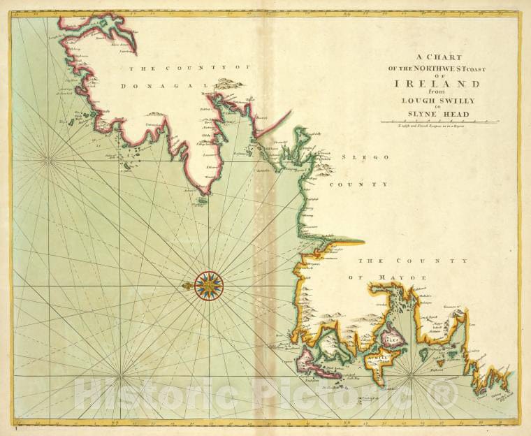 Historic 1702 Map - A Chart Of The North_West Coast Of Ireland From Lough Swilly To - Vintage Wall Art