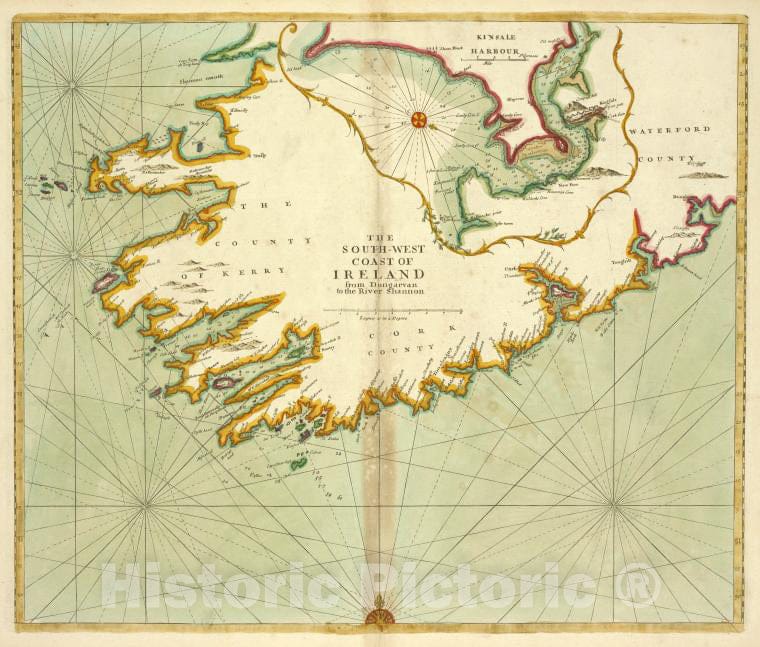 Historic 1702 Map - The South-West Coast Of Ireland From Dungarvan To The River Shan - Vintage Wall Art