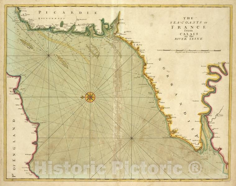 Historic 1702 Map - The Sea-Coasts Of France From Calais To The River Seine - Vintage Wall Art