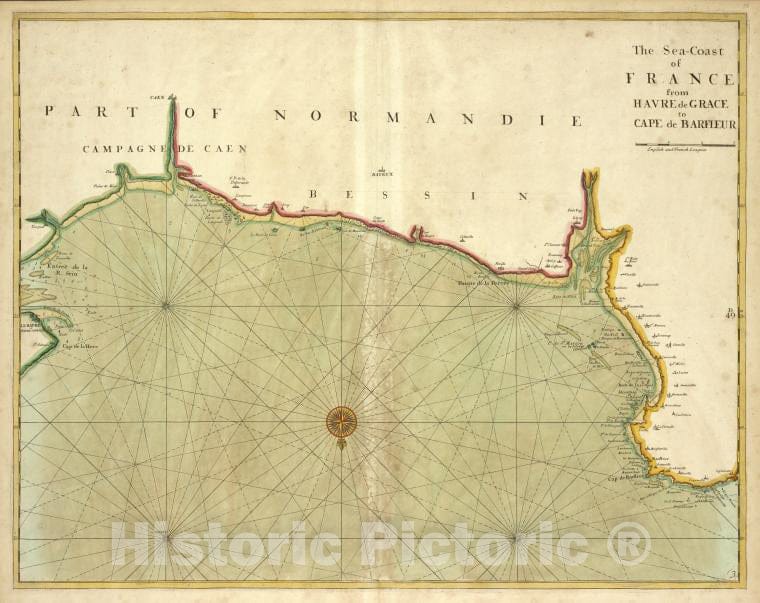 Historic 1702 Map - The Sea-Coast Of France From Havre De Grace To Cape De Barfleur - Vintage Wall Art