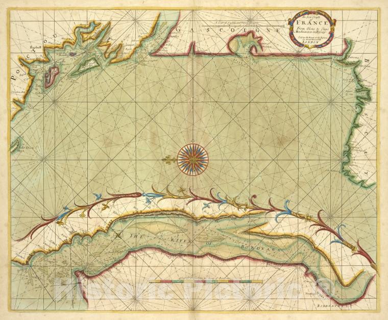 Historic 1702 Map - The Sea Coasts Of France From Olwne To Cape Machiacaca In Biscay - Vintage Wall Art