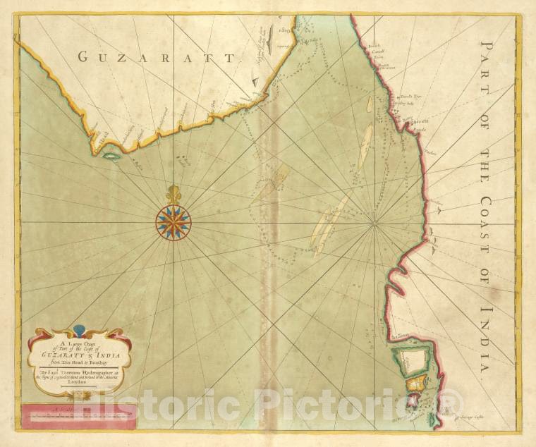 Historic 1702 Map - A Large Chart Of Part Of The Coast Of Guzaratt And India From Di - Vintage Wall Art