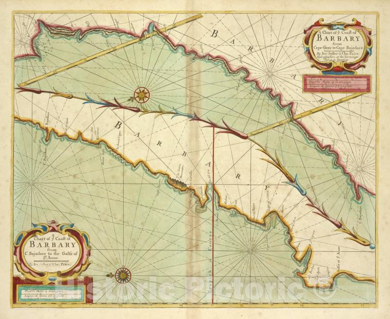 Historic 1702 Map - A Chart Of Coast Of Barbary From C. Bajadore To The Golfe Of St. - Vintage Wall Art