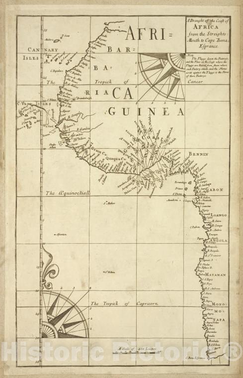 Historic 1702 Map - A Draught Of The Coast Of Africa From The Streights Mouth To Cap - Vintage Wall Art