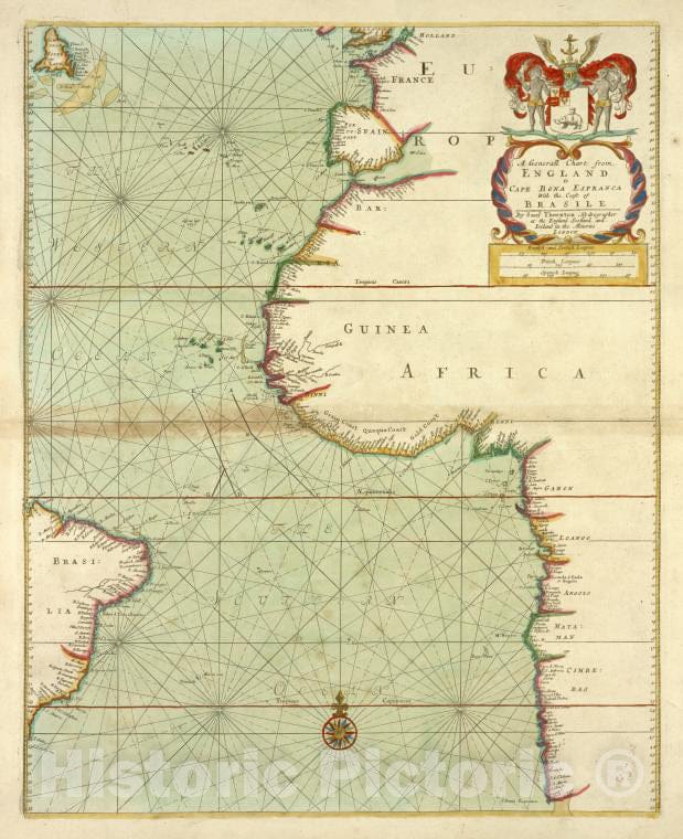 Historic 1702 Map - A Generall Chart From England To Cape Bona Espranca With The Coa - Vintage Wall Art