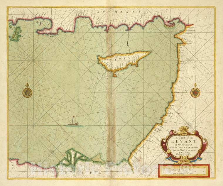 Historic 1702 Map - A Chart Of The Levant Or The Sea Coast Of Egypt, Syria, Caramani - Vintage Wall Art