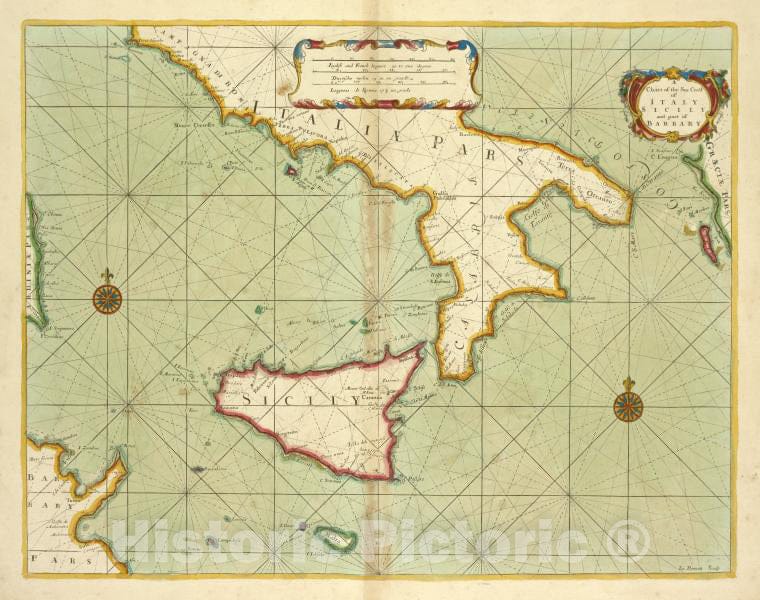 Historic 1702 Map - A Chart Of The Sea Coast Of Italy, Sicily And Part Of Barbary - Vintage Wall Art