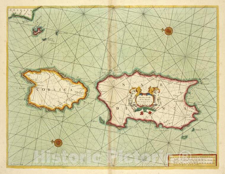 Historic 1702 Map - The Sea Coast Of The Island Sardinia And Corsica - Vintage Wall Art