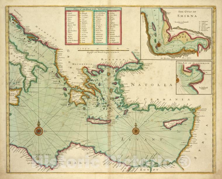 Historic 1702 Map - [Eastern Mediterranean Sea] ; Gulf Of Smiran ; Bay Of Scanderoon - Vintage Wall Art