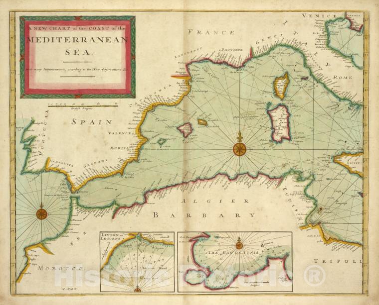 Historic 1702 Map - A New Chart Of The Coast Of The Mediterranean Sea ; Livorn Or Le - Vintage Wall Art