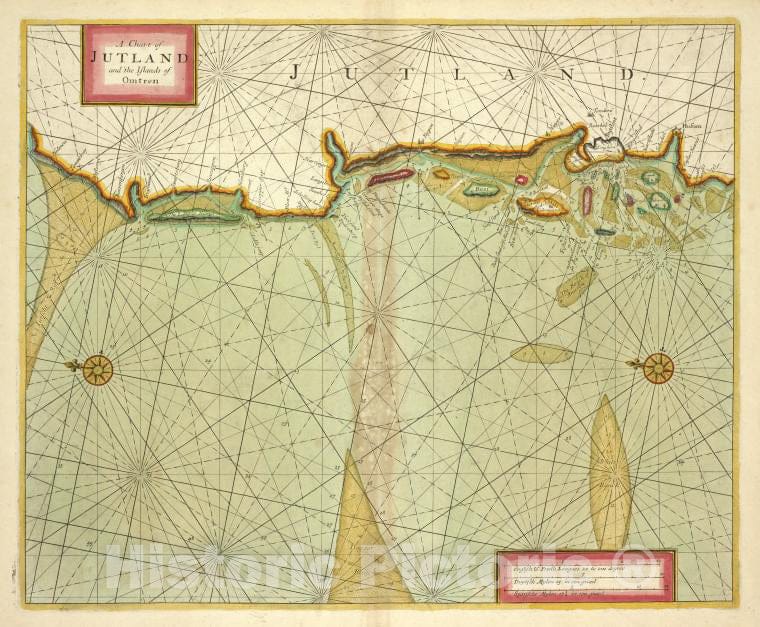 Historic Map - 1702 Denmark, A Chart Of Jutland And The Islands Of Omtren - Vintage Wall Art