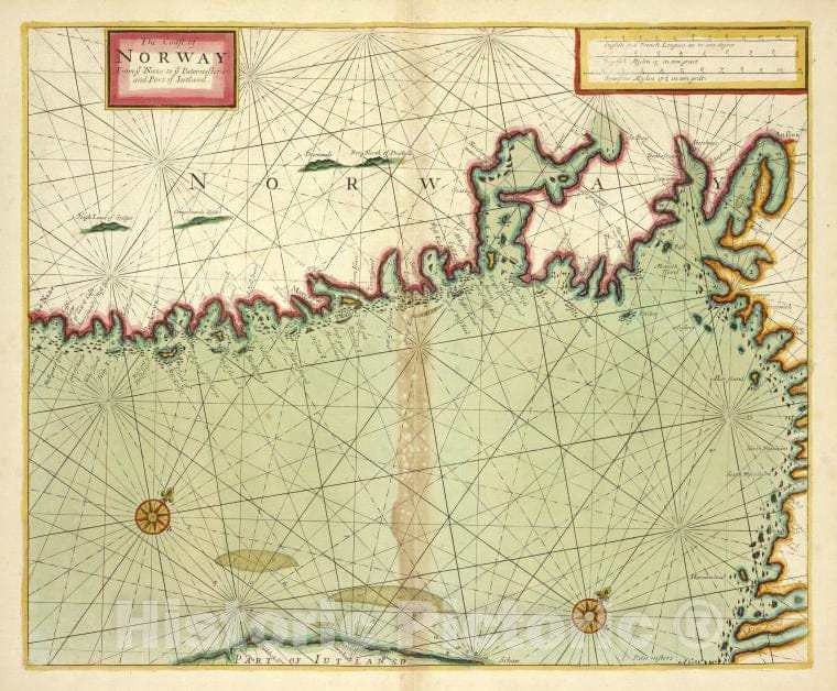 Historic 1702 Map - The Coast Of Norway From Naze To Paternosters And Part Of Iutlan - Vintage Wall Art