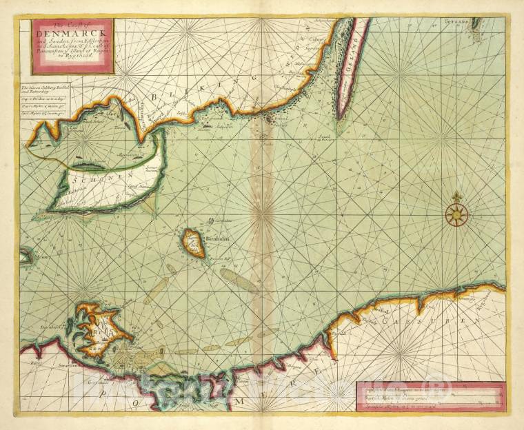 Historic 1702 Map - The Coast Of Denmarck And Sweden From Falsterbon To Schanckenes - Vintage Wall Art