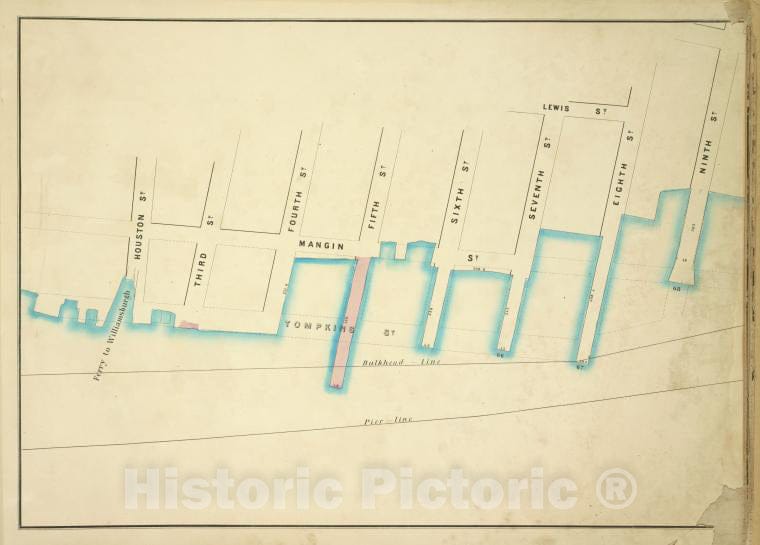 Historic Map - 1860 New York (N.Y.) [Mangin, Lewis, Ninth, Pier - Line 66-68, Houston; Tompkins, Ferry To Williamsburgh, Third, Fourth, Fifth, Sixth, Seventh, Vintage Wall Art