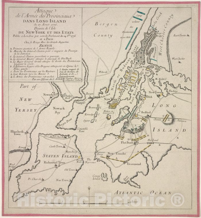 Historic Map - 1776 Long Island, New York, (N.Y.), Attaque De L'Arme Des Provinciauz Dans Long Island Du 27. Aoust 1776. Dessin De L'Isle De New York Et Des Etats - Vintage Wall Art