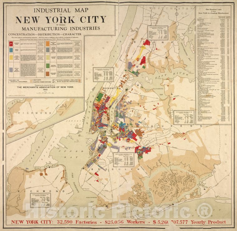 Historic Map - 1922 New York (N.Y.), Industrial Map Of New York City : Showing Manufacturing Industries, Concentration, Distribution, Character - Vintage Wall Art