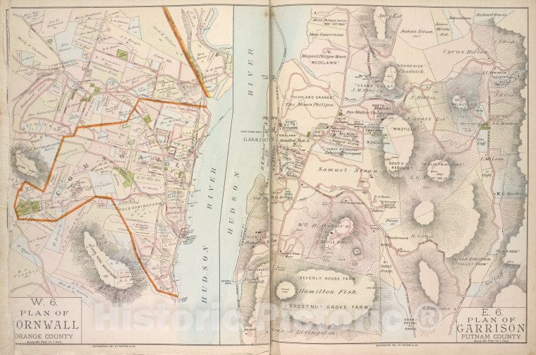 Historic 1891 Map - Plan Of Cornwall Orange County; Plan Of Garrison Putnam County - Vintage Wall Art