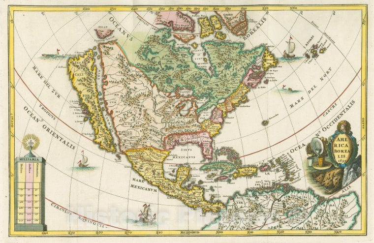 Historic 1700-1720? Map - America Borealis 1699. - Atlantic Coast (North America) - Maps - Early Works To 1800Maps Of North America. - Vintage Wall Art