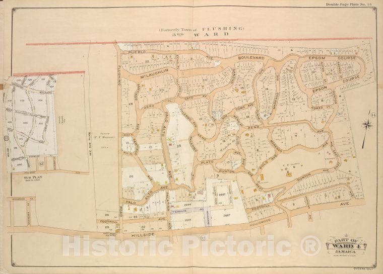 Historic Map - 1907 Queens, New York (N.Y.) Ward 4 Jamaica; (Formerly Town Of Flushing 3Rd Ward.); [Pueblo, Mc. Laughlin, Flushing Road, Boulevard, Epsom Course - Vintage Wall Art