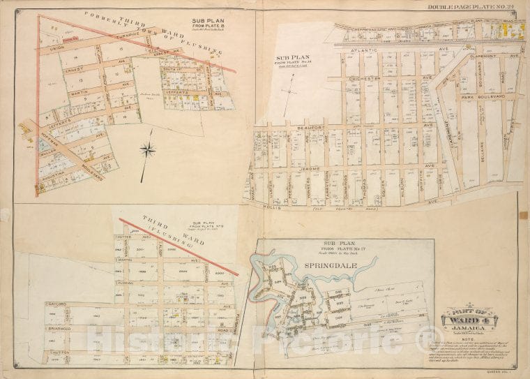 Historic Map - 1907 Queens, New York (N.Y.) Ward 4; Jamaica; Sub Plan From Plate 18; [3Rd Ward Formerly Town Of Flushing, Union Turnpike, Louis ; Including Ernest - Vintage Wall Art