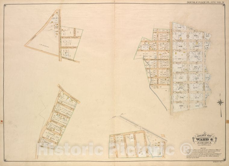 Historic Map - 1907 Queens, New York (N.Y.) Ward 4; Jamaica; [Farmers, New York, Belvedere, Chalfonte, Road To Powells Mill, Pleasant Pl; Including 4Th, 5Th, 6Th - Vintage Wall Art