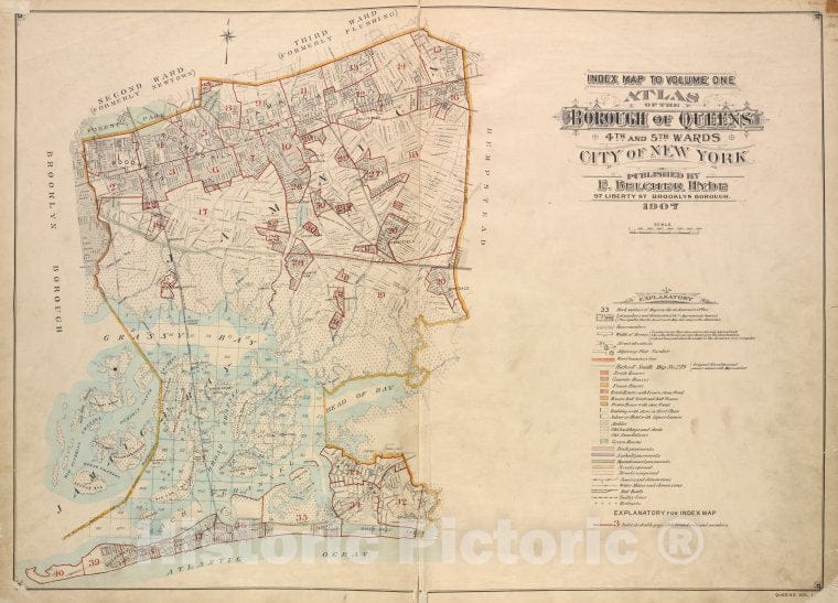 Historic Map - 1907 Index Map, Borough Of Queens. Fourth And Fifth Wards. City Of New York. Published By E. Belcher Hyde, 97 Liberty St, Brooklyn Borough. 1907. - Vintage Wall Art