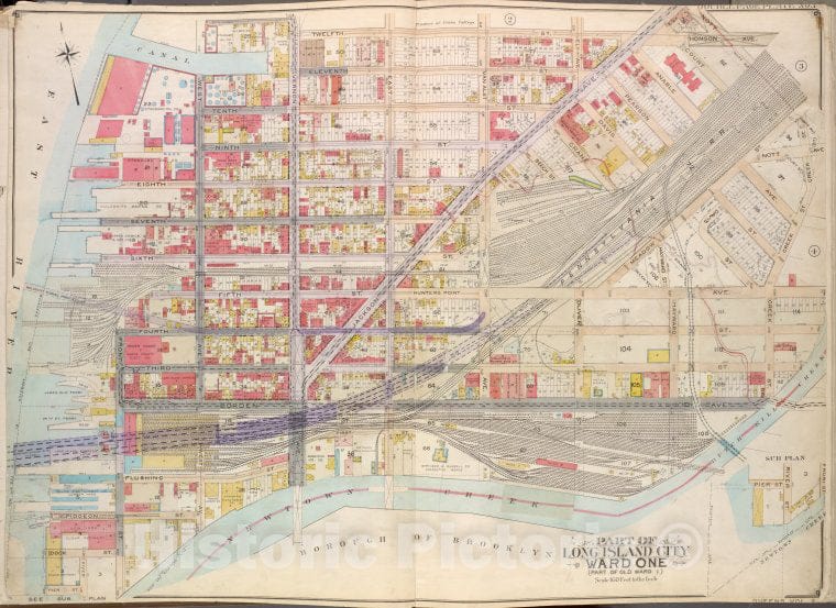 Historic Map - 1908 Queens (New York, N.Y.), Divison, Vernon Ave, 12Th, Ely Ave, Homson Ave, Jackson Ave, Nott Ave, Creek Ave, Dutch Kill Creek, Newtown Creek; Inc - Vintage Wall Art