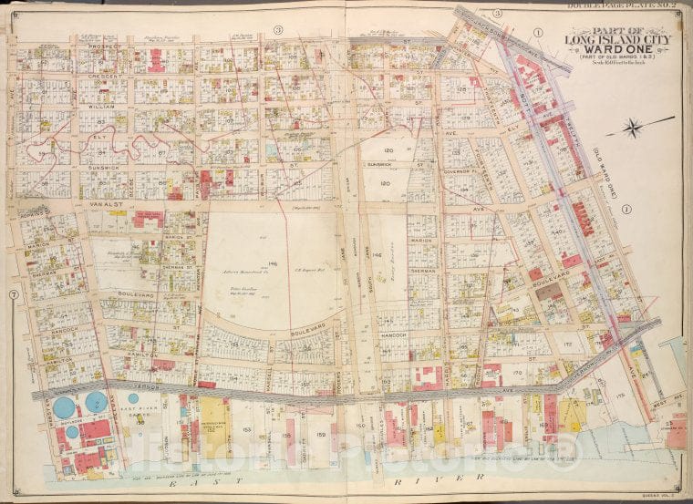 Historic Map - 1908 Queens (New York, N.Y.), Prospect, Harris Ave, Jackson Ave, 12Th, Vernon Ave, Division, West Ave, Nott Ave, 13Th, 14Th, Englis; Inc - Vintage Wall Art