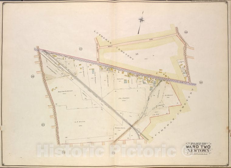 Historic Map - 1908 Queens, Vol. 2, No. 38; Part Of Ward Two Newtown; [Mt. Olivet Ave, Way Ave, Juniper Ave; Including Metropolitan Ave, Fresh Pond Road.] - Vintage Wall Art