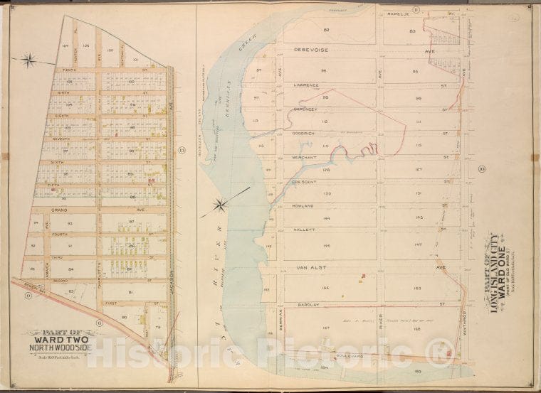 Historic Map - 1903 Queens County, New York (N.Y.), Queens, Ward Two North Wood Side; Bowery Road, Jackson, Newtown, Hunter Pl, 10Th, 9Th, 8Th, 7Th, 6Th, 5Th; - Vintage Wall Art