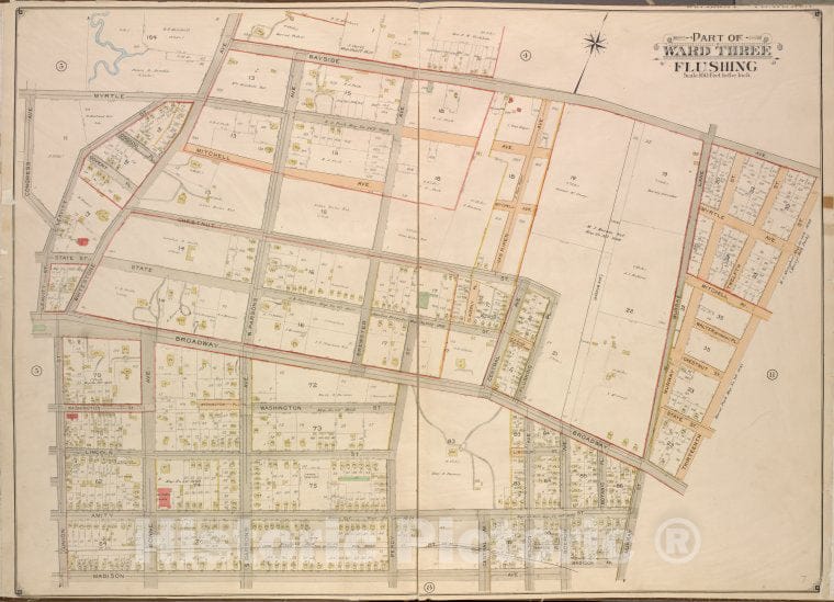 Historic 1908 Updated To 1913 Map - Queens, Vol. 3, Double Page Plate No. 7; Part Of Ward Three Flus - Vintage Wall Art