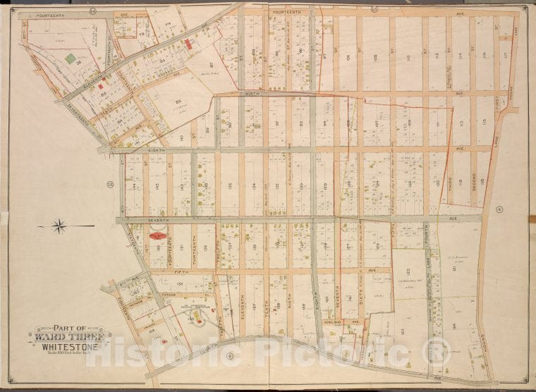 Historic 1908 Updated To 1913 Map - Queens, Vol. 3, Double Page Plate No. 12; Part Of Ward Three Whi - Vintage Wall Art