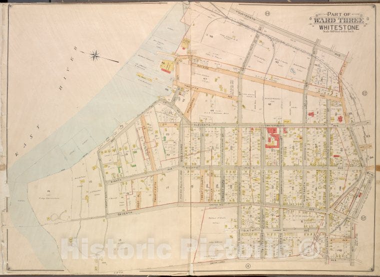 Historic 1908 Updated To 1913 Map - Queens, Vol. 3, Double Page Plate No. 13; Part Of Ward Three Whi - Vintage Wall Art