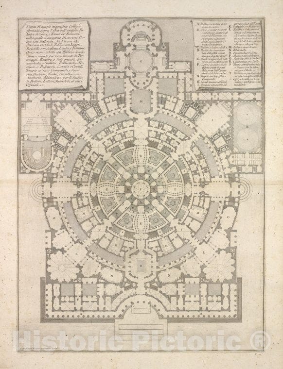 Historic 1750 Map - Pianta Di Ampio Magnifico Collegio. - Italy - Rome - Classical Ruins With A View To The Sea. - Vintage Wall Art