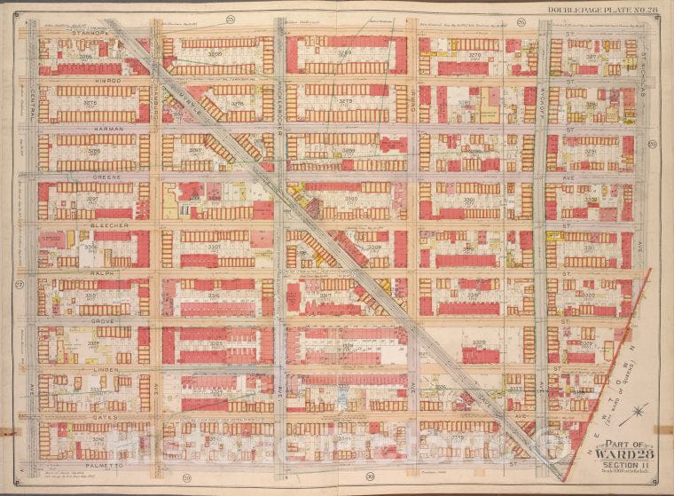 Historic Map - 1904 Brooklyn, Ward 28, Section 11; [Stanhope St St.Nicholas Ave, Boundary Line Borough Of Brooklyn And Queens; Palmetto St Central Ave.] - Vintage Wall Art