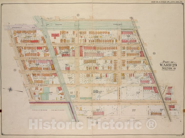 Historic Map - 1906 Brooklyn (New York, N.Y.) Part Of Ward 29, [Ocean Parkway, Church Lane, West, Fort Hamilton Ave; Gravesend Ave, Greenwood Ave, Prospect Ave. - Vintage Wall Art