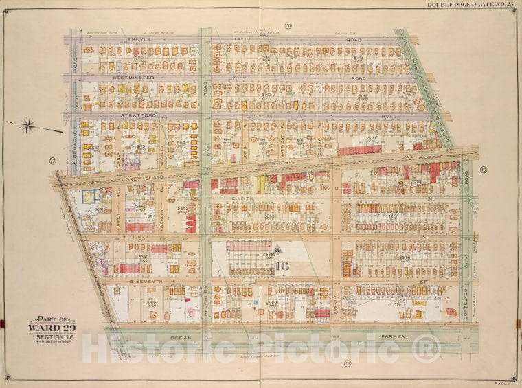 Historic Map - 1906, Brooklyn (New York, N.Y.) Vol. 5, No. 25; Part Of Ward 29, Section 16; [Bounded By Argyle Road, Cortelyou Road, Ocean Parkway; ] - Vintage Wall Art