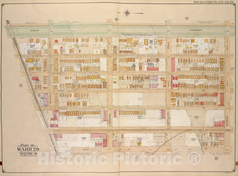 Historic Map - 1906 Brooklyn (New York, N.Y.) Vol. 5, Plate No. 28; Part Of Ward 29, Section 16; [ Ocean Parkway, Ditmas Ave; Including West St, Church Lane] - Vintage Wall Art