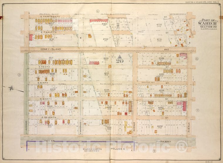 Historic Map - 1907 Brooklyn (New York, N.Y.) Vol. 7, Plate No. 5; Part Of Ward 31, Section 20; [E. 13Th St, Ave M; Including Ocean Parkway, Ave J] - Vintage Wall Art