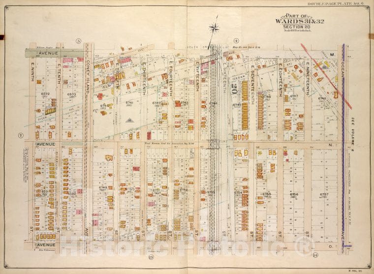 Historic Map - 1907 Brooklyn (New York, N.Y.) Vol. 7, Plate No. 6; Part Of Wards 30 & 31, Section 20; [Ave M, Ocean Ave; Including Ave O, E. 9Th St.] - Vintage Wall Art