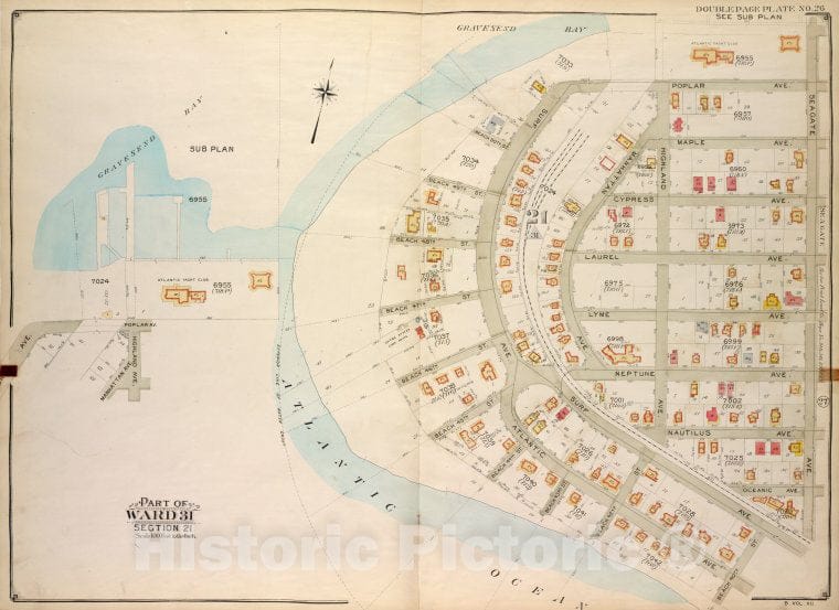 Historic Map - 1907 Brooklyn, (New York, N.Y.), Gravesend Bay, Seagate Ave, Beach 40Th St Atlantic Ocean, Gravesend Bay, Polar Ave, Highland Ave, Vintage Wall Art