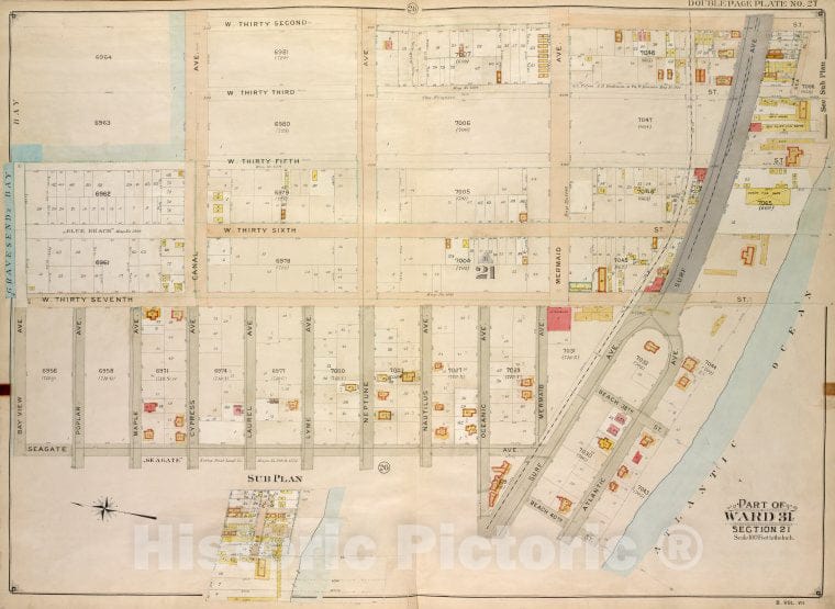 Historic Map - 1907 Brooklyn, (New York, N.Y.), W. 32Nd St Atlantic Ocean, Beach 40Th St; Including Surf Ave, Seagate Ave, Bay View Ave, Gravesend Bay, Canal - Vintage Wall Art