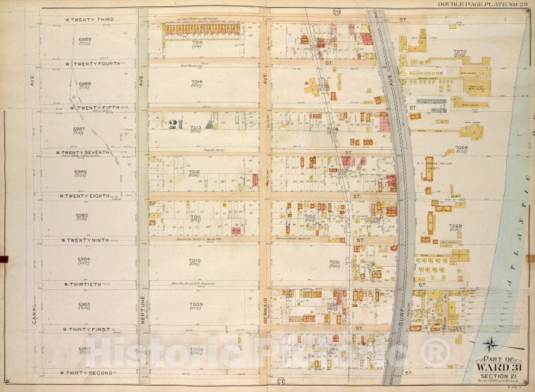 Historic Map - 1907, Brooklyn (New York, N.Y.) Vol. 7, Plate No. 28; Part Of Ward 31, Section 21; [W. 23Rd St, Atlantic Ocean; ] - Vintage Wall Art