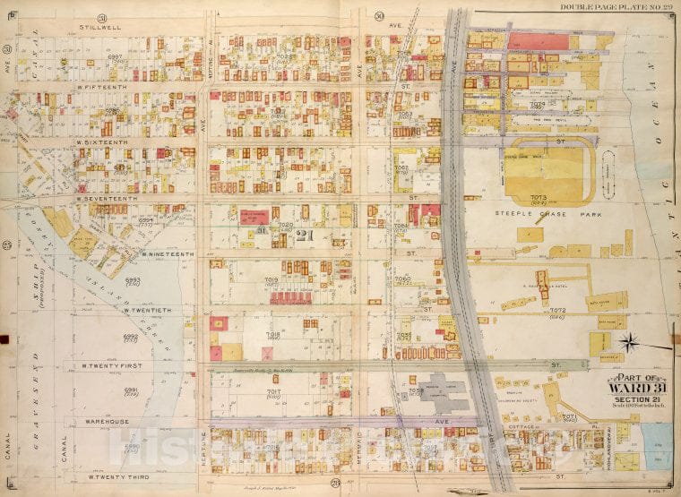 Historic Map - 1907, Brooklyn (New York, N.Y.) Vol. 7, Plate No. 29; Part Of Ward 31, Section 21; [Stillwell Ave, Atlantic Ocean; ] - Vintage Wall Art