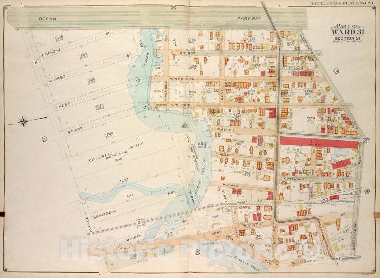 Historic Map - 1907, Brooklyn (New York, N.Y.) Part Of Ward 31, Section 21; [Ocean Parkway, Sheepsheadbay Road, W. 8Th St; Shell Road, Coney Island Creek, Ave Z] - Vintage Wall Art