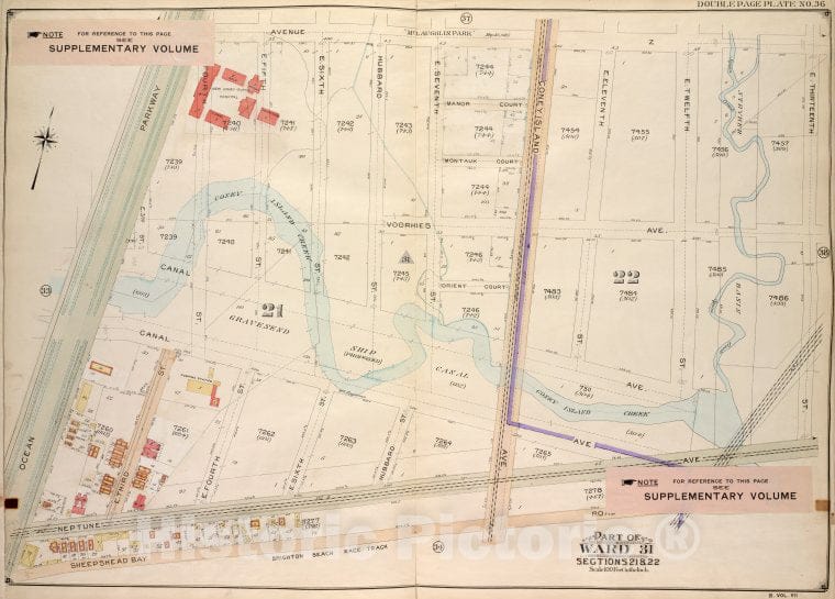 Historic Map - 1907 Brooklyn (New York, N.Y.) Vol. 7, No. 36; Part Of Ward 31, Sections 21 & 22; [Ave Z, E. 13Th St; Including Sheepshead Bay Road, Ocean Parkway] - Vintage Wall Art