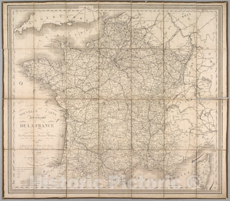 Historic 1826 Map - Nouvelle Carte Itineraire De La France Par Departements Et Divisions Militaires .Of Europe - Vintage Wall Art