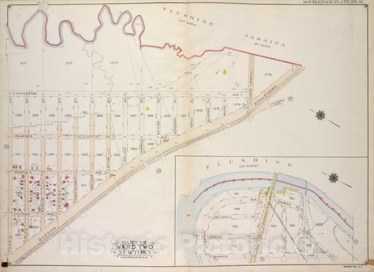 Historic 1913 Map - Queens, Vol. 2A, Double Page Plate No. 36; Part Of Ward Two Newt - Vintage Wall Art